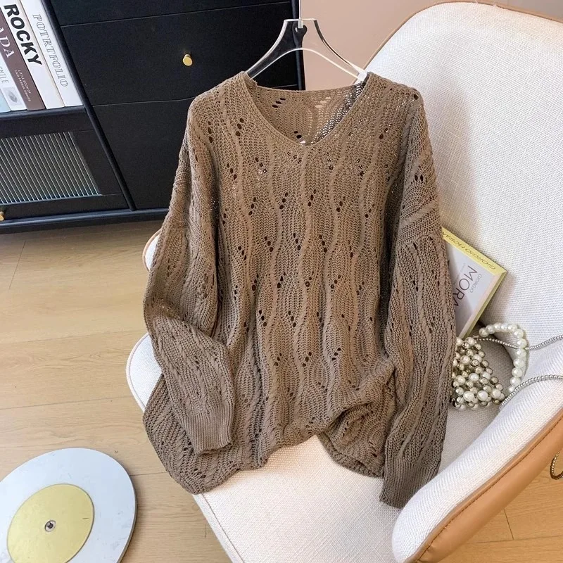Brauner, ausgehöhlter Strickpullover für Damen, V-Ausschnitt, lange Ärmel, lockerer, übergroßer Strickpullover, lässiger, leichter, atmungsaktiver Pullover