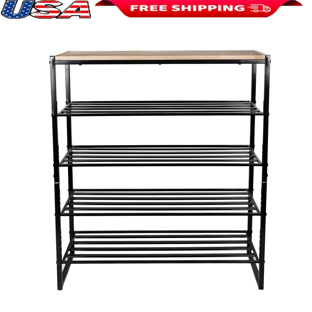

5-Tier Shoe Rack Metal Steel Storage Shelf 15 Pairs Shoes Entryway Table Durable Wooden Top Multi-Functional Use