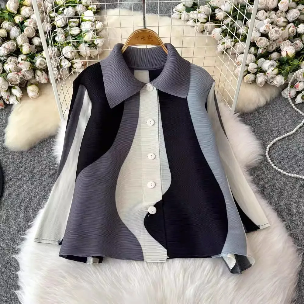 Miyake Pleated Colorblock Short Tops Women's Turn Down Neck High Stretch Korean Fashion Single Breasted Large Size Blouse Shirts