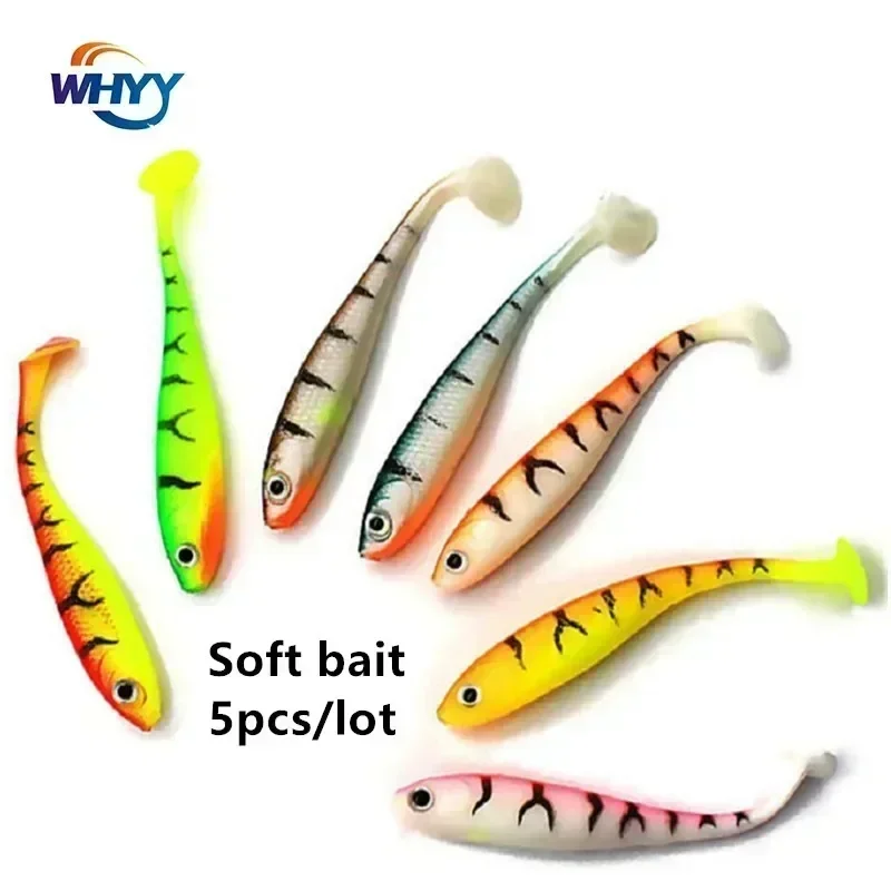 WHYY-Lot d\'appâts souples bioniques en 3D, pack de leurres pour la pêche en eau salée, avec queue en T, 7cm/2.1g, 11 couleurs, 5 pièces