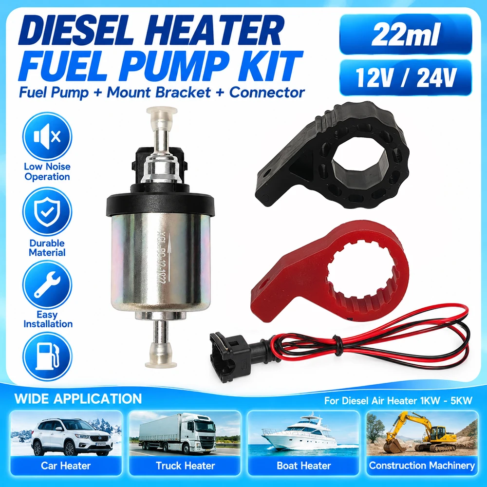 22ml 12V/24V Silent Fuel Pump+Plug+Mount Bracket Air Heater Diesel Metal Car Heater Fuel Pump Air Parking Heater Accessories