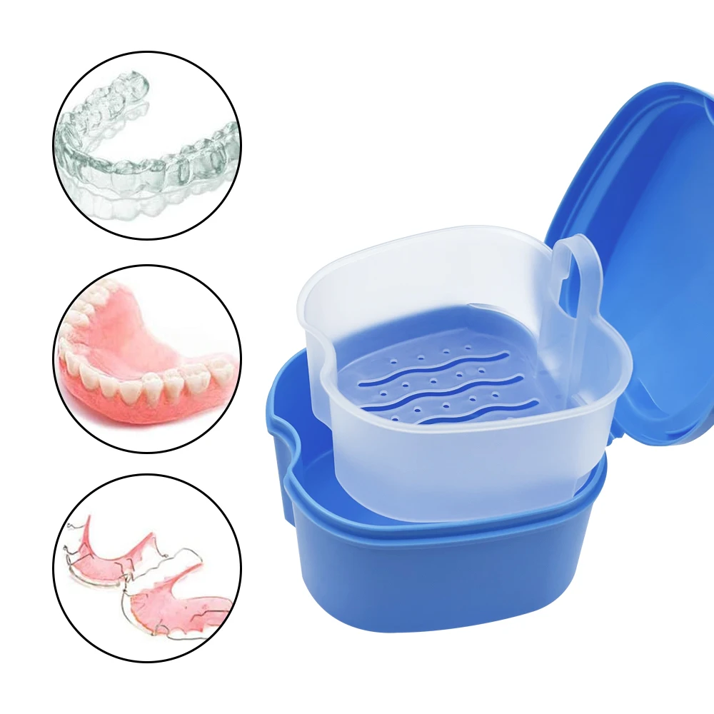 Denture Bath Box Dental False Teeth Storage Box With Hanging Net Container Artificial Tooth Case Orthodontic Retainer Case