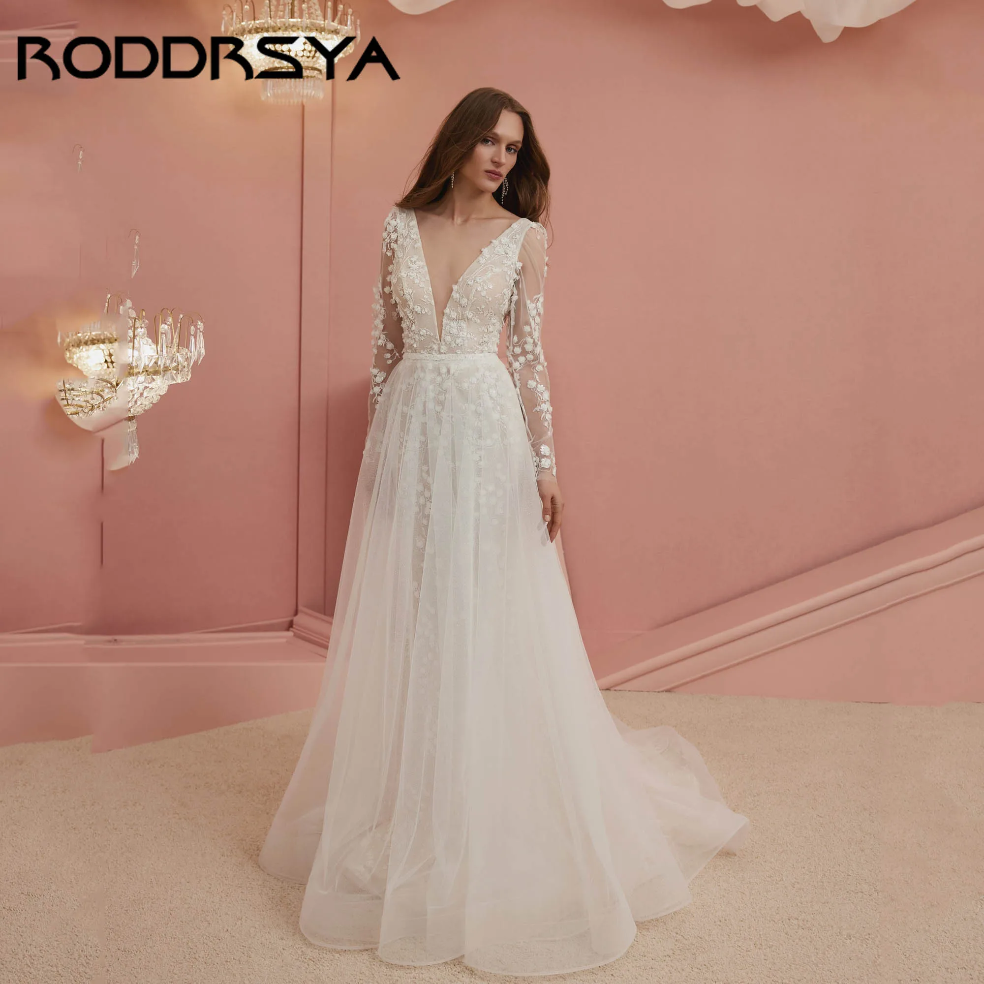 

RODDRSYA Wedding Dress Luxury 2025 With Detachable A-line Tulle Skirt Bride Gown V-neck Long Sleeves vestido de novia Customized