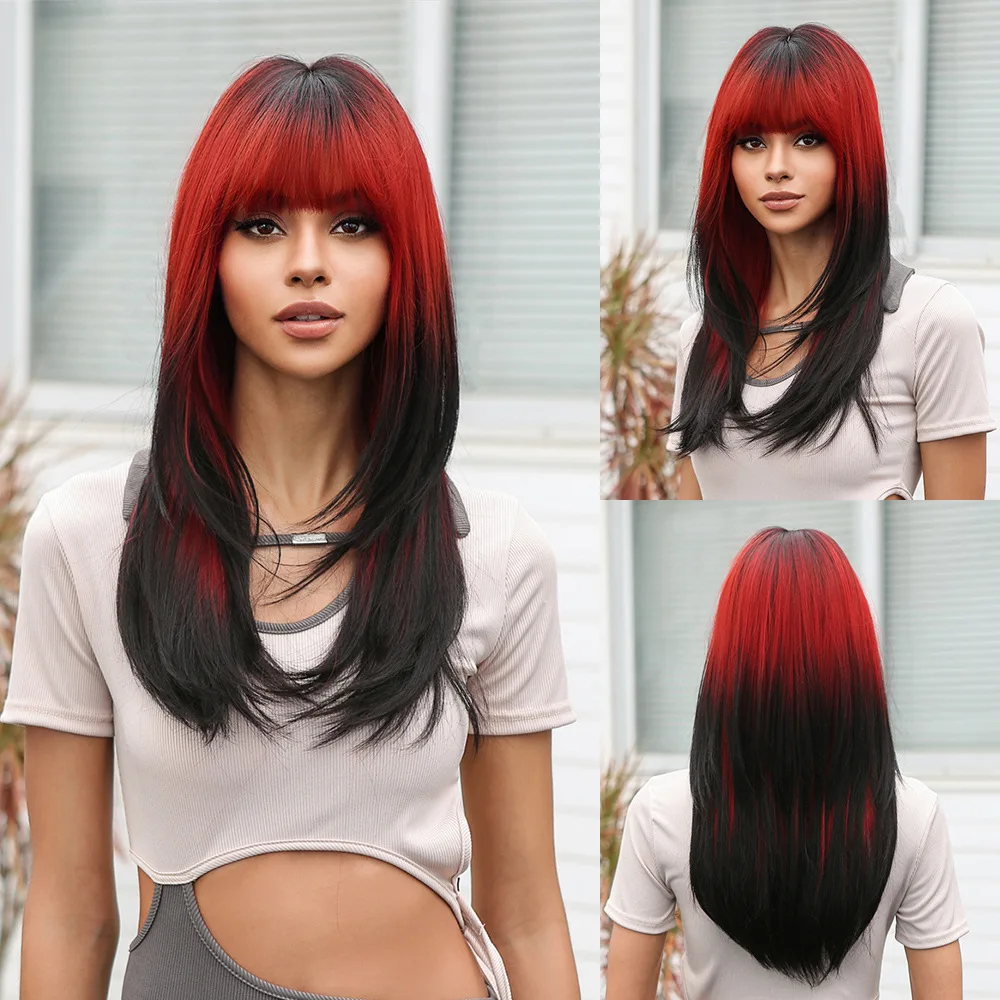 Black Red Ombre Synthetic Wigs for Cosplay Long Straight Layered Wigs with Bangs Party Hair for Women Heat Resistant Fake Hair