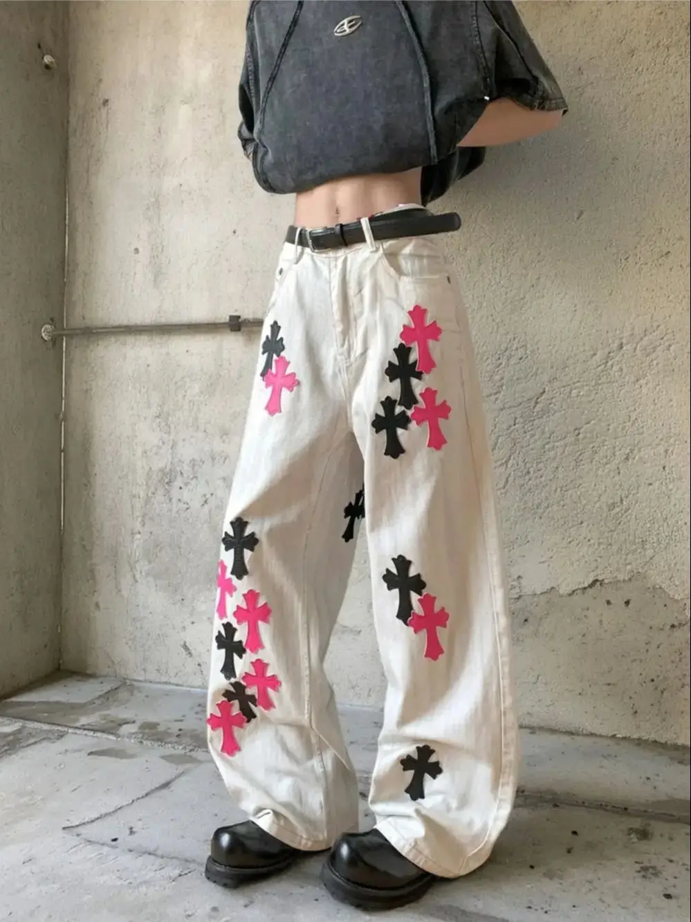 

CHIC Women and Men Jeans Cross Patches Embroidery Denim Pants Fashion Grunge High Street Straight Trousers Trendy Harajuku