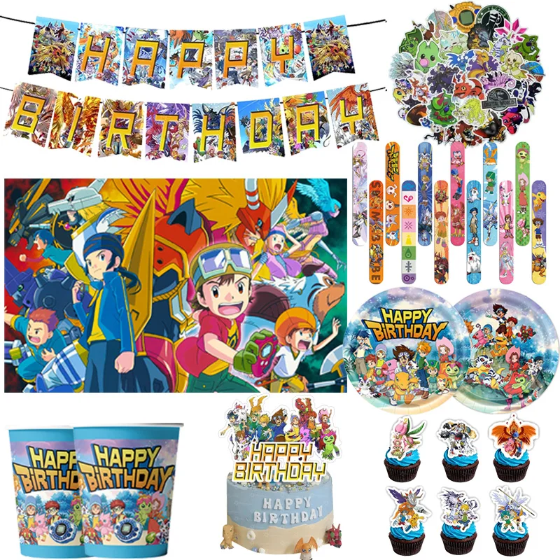 Kit de Décoration Thème Digimon pour Fête d'Anniversaire : Assiettes en Carton, Nappe, Décorations de Cupcakes, Guirlande Suspendue