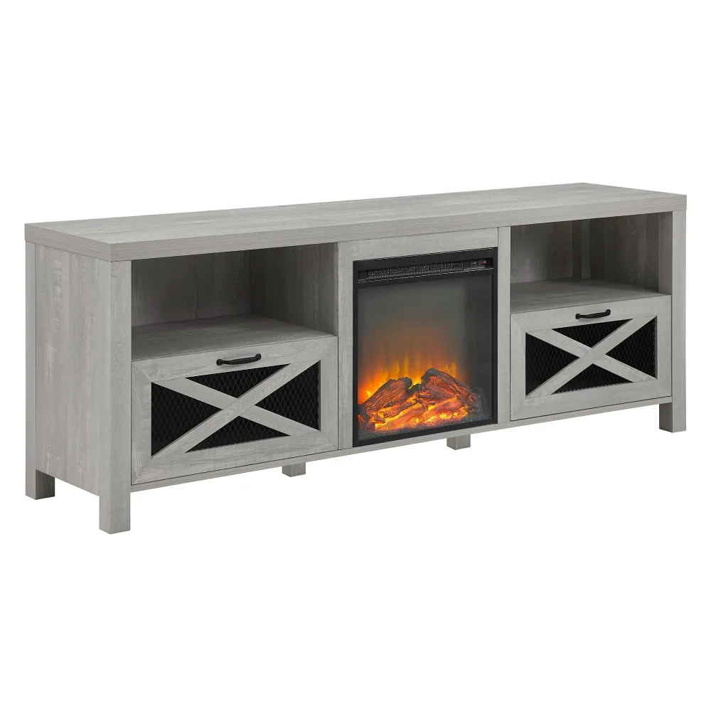 2024 New Metal Mesh and Wood Fireplace TV Stand