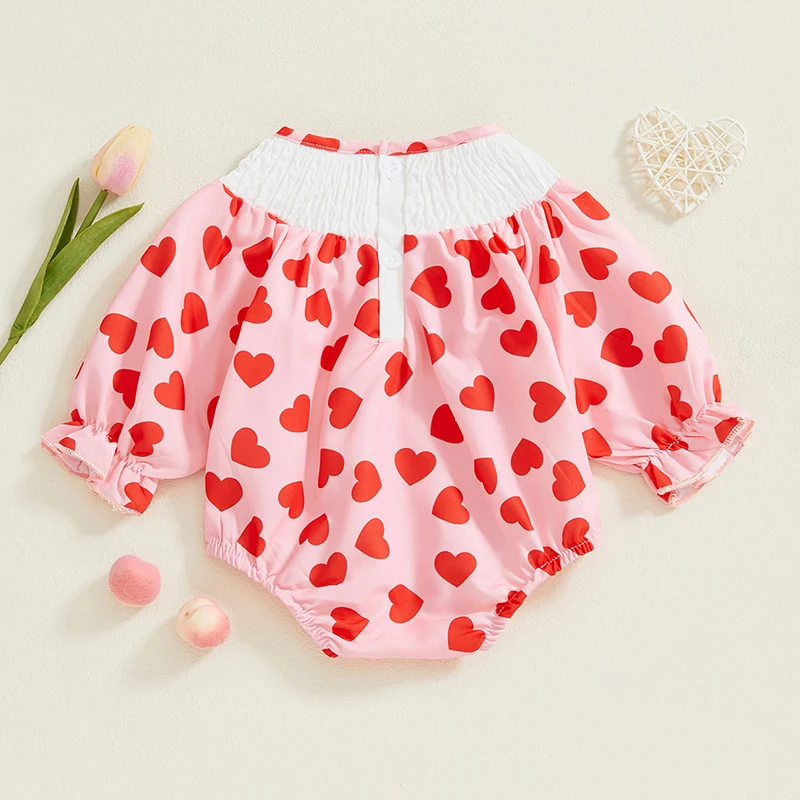 Valentine's Day Autumn Newborn Baby Girls Casual Rompers Letter/Heart Embroidered Long Sleeve Smocked Round Neck Jumpsuits