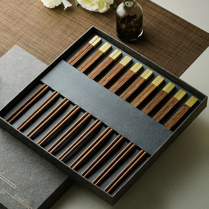 High-grade solid wood chopsticks lacquered gift box 10 pairs set of household wenge wood bronzing chopsticks non-slip log