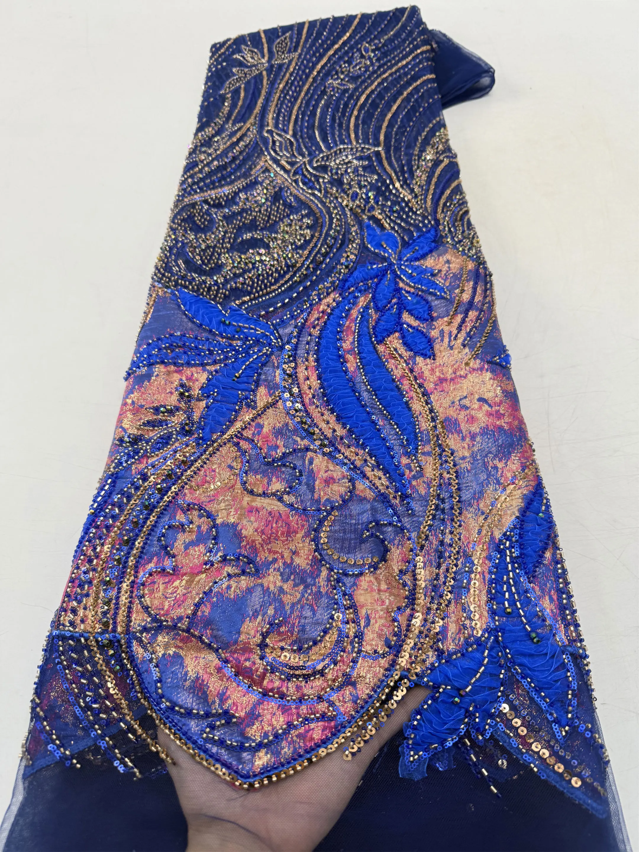 

Африканская нигерийская элегантная бархатная ткань, новейшая французская тюлевая кружевная ткань с тяжелыми бусинами и пайетками, 5 ярдов, для праздничных и свадебных платьев M344-1