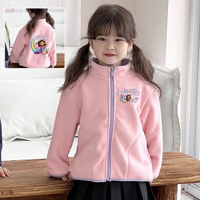 Gabby Dollhouses Baby Girls Pink Hoodie Sweatshirts Long Sleeve Fleece Two-sided Zipper Tops Clothing Autumn Winter Warm Clothes