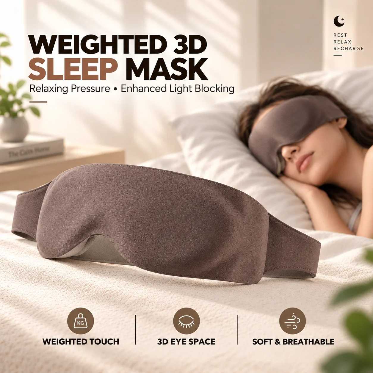 Weighted Sleep Mask 3D Eye Cups Light Blocking 135g Soft Breathable Eye Mask for Men Women Travel Home Office