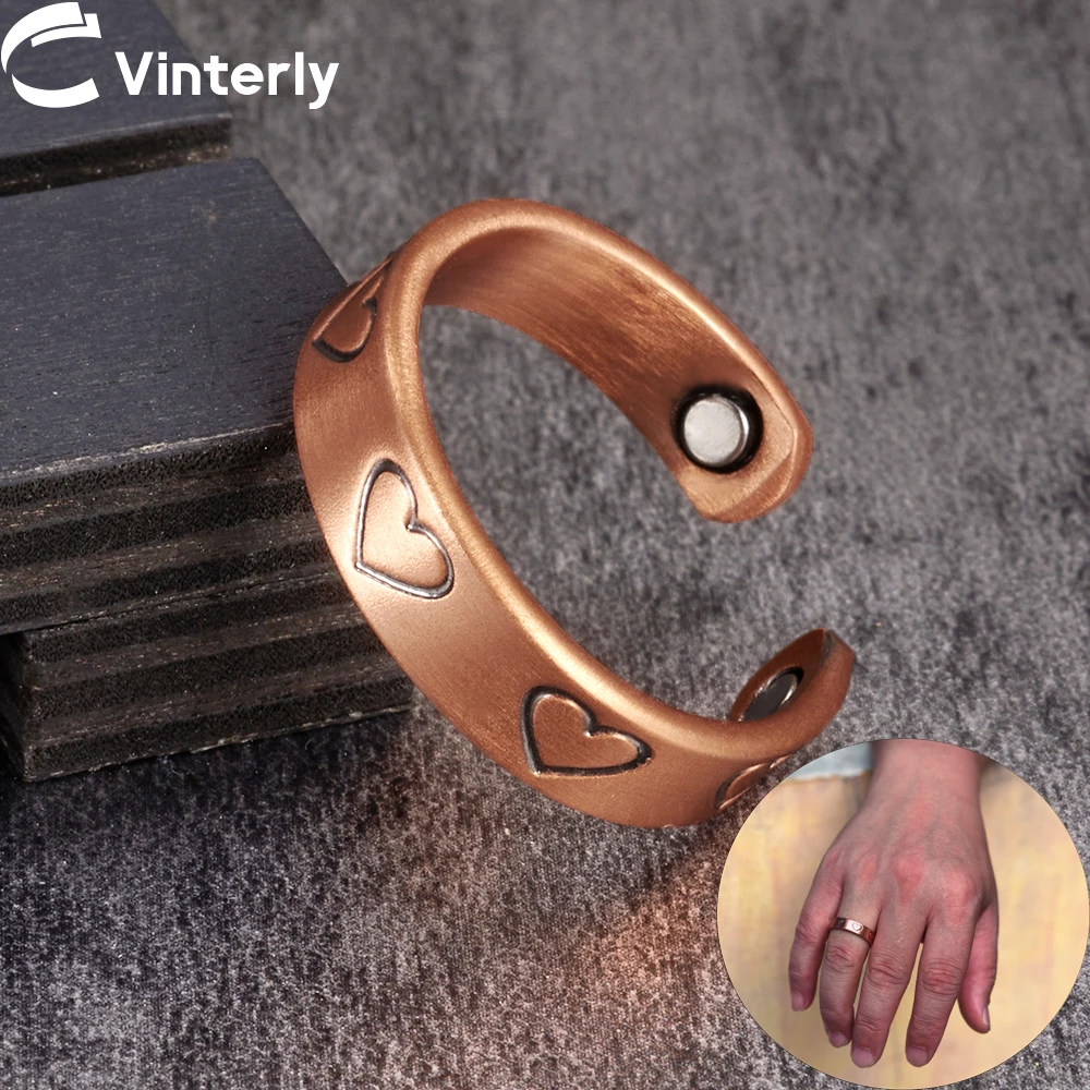 Vinterly Pure Copper Magnetic Rings 6mm Heart Shape Health Energy Cuff Finger Adjustable Jewelry High Magnet Resizable Vintage