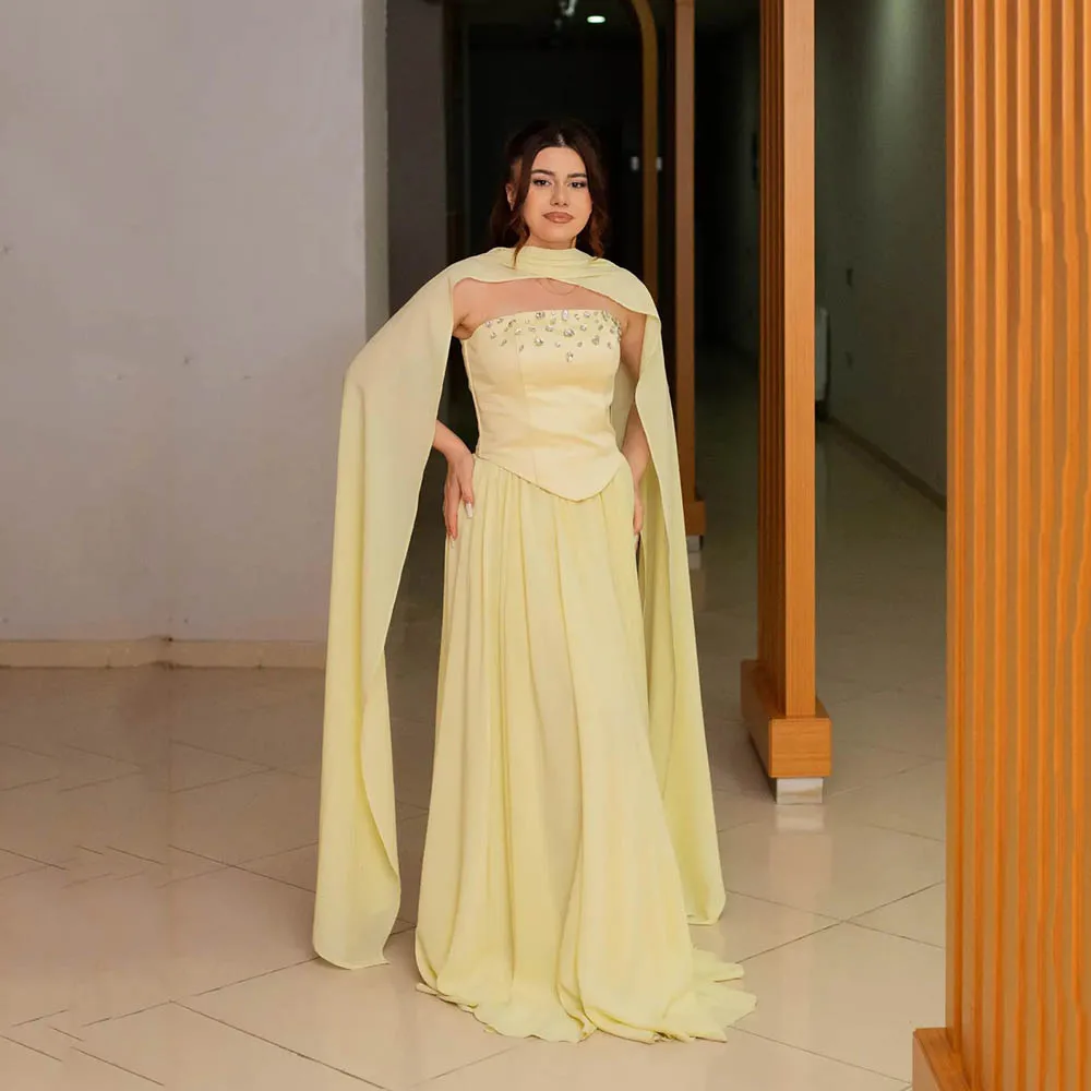 ชุดราตรีหรูหราสีเหลืองประดับลูกปัด Msikoods ปี 2025 คริสตัลเกาะอก ชุดราตรีงานเลี้ยงสุดหรูพร้อมผ้าคลุมไหล่ ชุดราตรียาวสำหรับงานพรอมสำหรับผู้หญิง สามารถสั่งตัดได้
