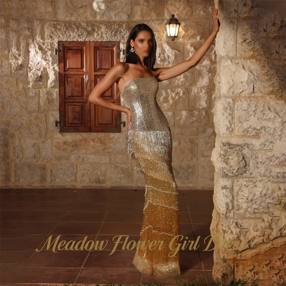 Meadow Champagne Evening Dress Strapless Sleeveless Party Dress Glitter Sequin Tassel vestidos de fiesta Prom Gowns Customized