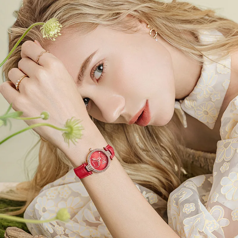 Luxury Women's Fashion Rabbit Watch Red Leather Strap Diamond Quartz Wristwatch Elegant Lady's fashion luxury dress watch woman