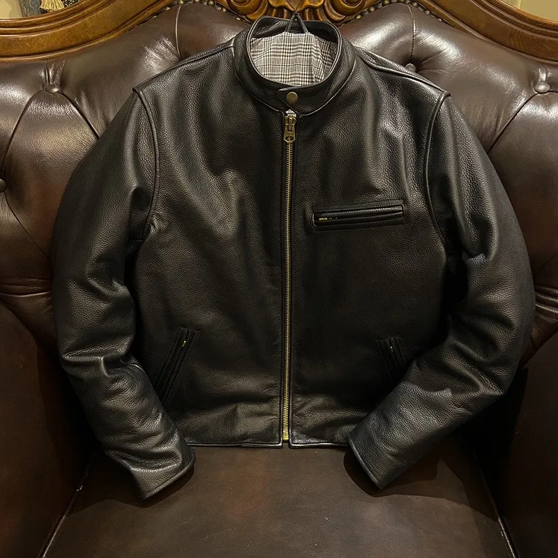

The men's pure leather stand-up collar short motorcycle is cool and stylish