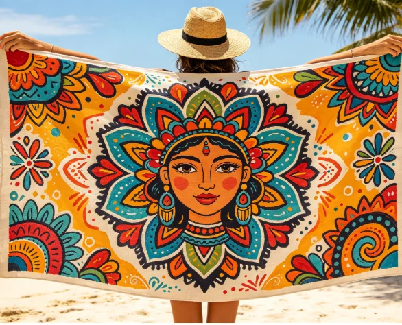 Colorful Mexican Folk Art Beach Towel, Quick Dry, Sand Free, Soft Absorbent, For Summer Pool, Travel, Vacation