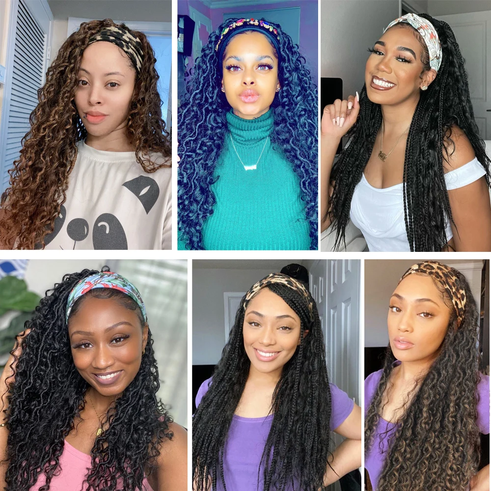 Curly Faux Locs Braid Wig with Headband 24 Inch Crochet Hair Dreadlocks Braided Wigs Soku Black Synthetic Headband Wig for Women