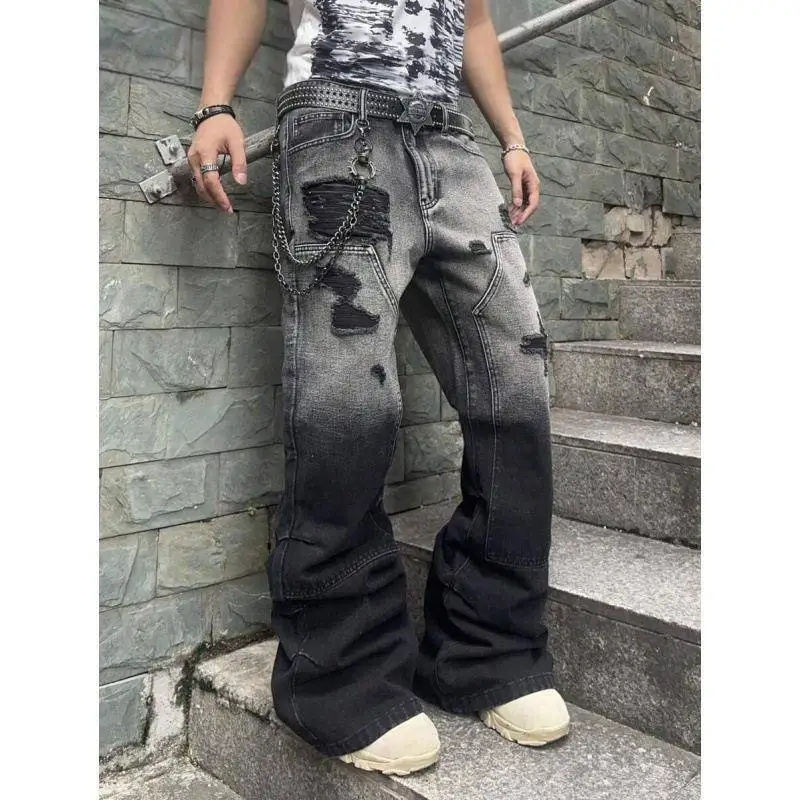 

Ripped Straight Jeans Light Business Style No Brand Registered Trademark Double Waist Belt Non Stretch Fabric from China