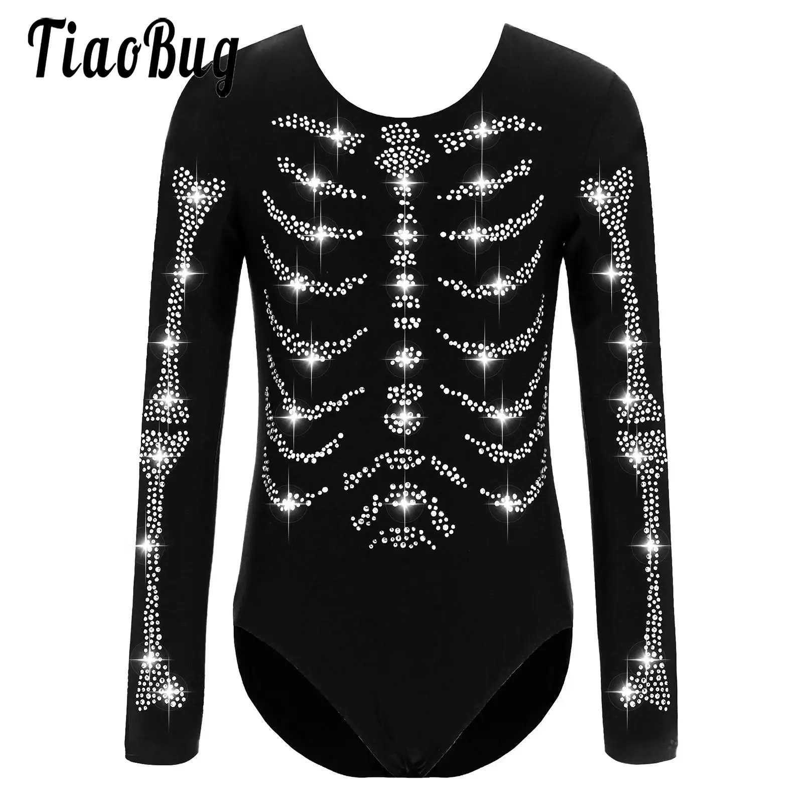 Justaucorps de gymnastique d'halloween pour enfants pour filles, manches longues, strass brillants, os squelette, combinaison, Costumes de spectacle