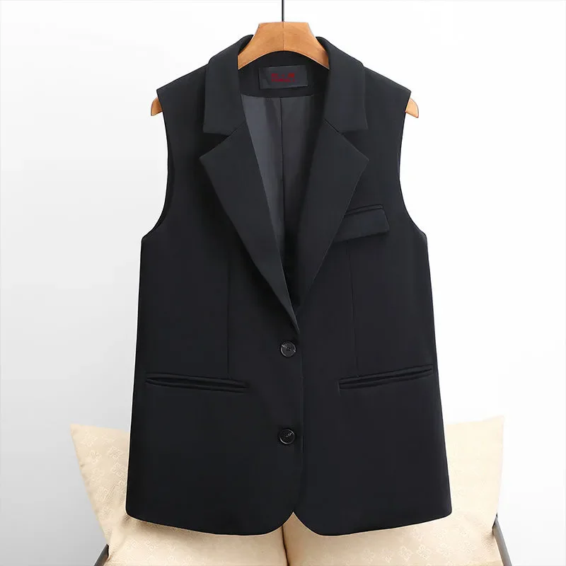 

Women Spring Autumn New Korean Sleeveless Suit Vest Jacket Female Autumn Mid Length Version Slim Shoulder Vests Blazer Coats
