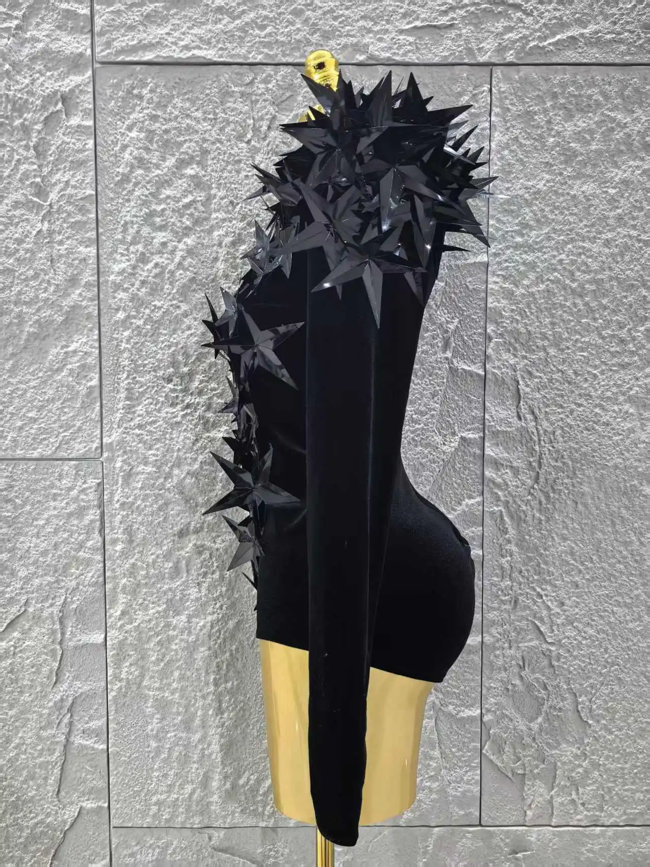 Women Evening Party Club Gala Hosts NightClub Bar Stage Costumes Shiny Black Rhinestone Velvet Long Sleeve Bodysuit