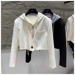 Giacca blazer 2 pezzi falsa dal Design alla moda per donna cappotto corto con cerniera coreana a maniche lunghe con cappuccio e bottone singolo Chic