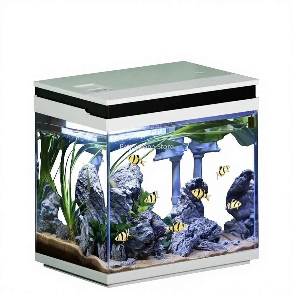 

Rectangle Desktop Aquarium Ultra-Clear Glass 7-Color RGB LED Feeding Port Design Ecological Circulation Filtration For Office