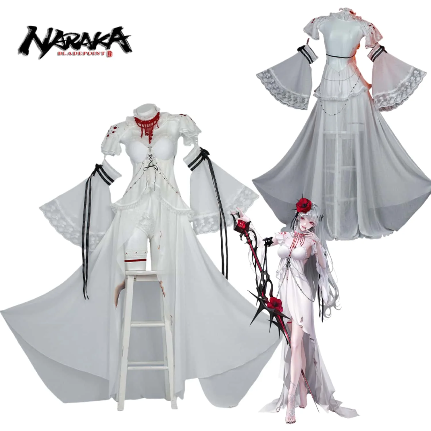 

Game Path To Nowhere Coquelic Cosplay Costume Sexy White Dress with Wig Flower Hairpin Fingernails Legwear for Girls Halloween