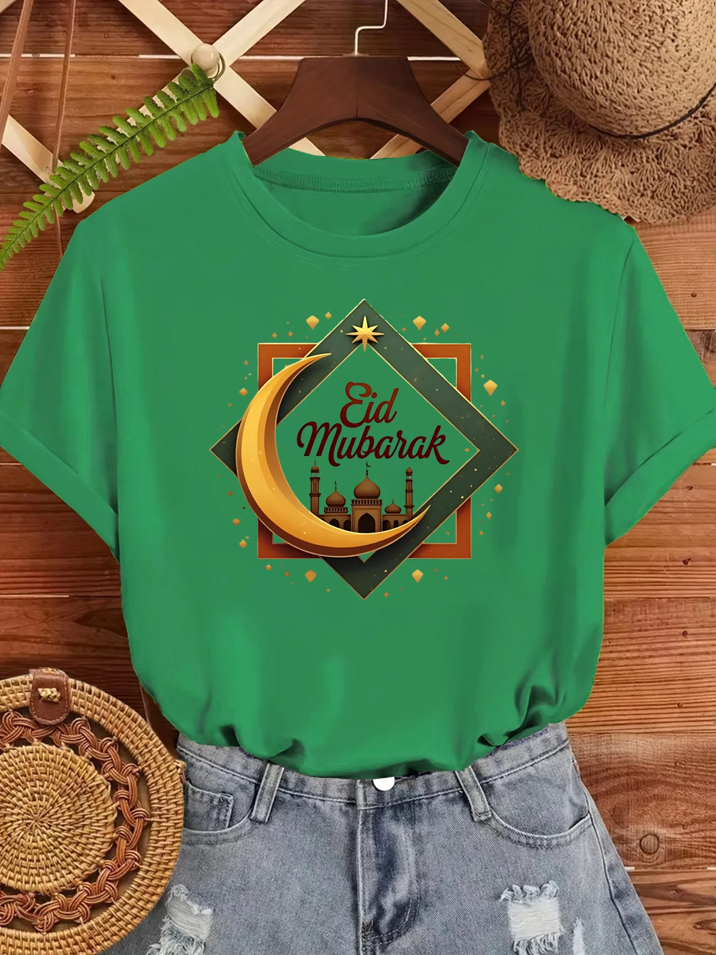 Eid Mubarak T-Shirt mit Stern- und Mond-Aufdruck, Damen-T-Shirt aus Baumwolle, übergroßes T-Shirt, All-Match-Sommerkleidung, bequeme Y2K-Streetwear