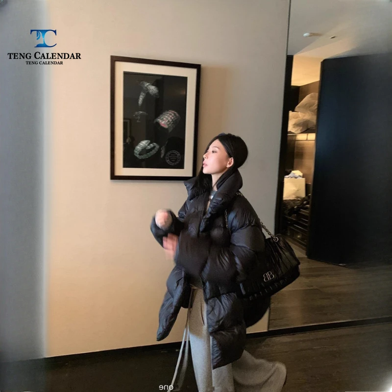 黒のダウンジャケット、ミディアム丈、90%ホワイトダックダウン、厚手で暖かい、多用途、スタンドカラー、ブレッドジャケット、レディース、2025年冬