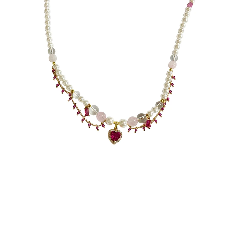

Recruitment peach blossom love love pearl crystal necklace temperament advanced sense light luxury double-layer collarbone chain