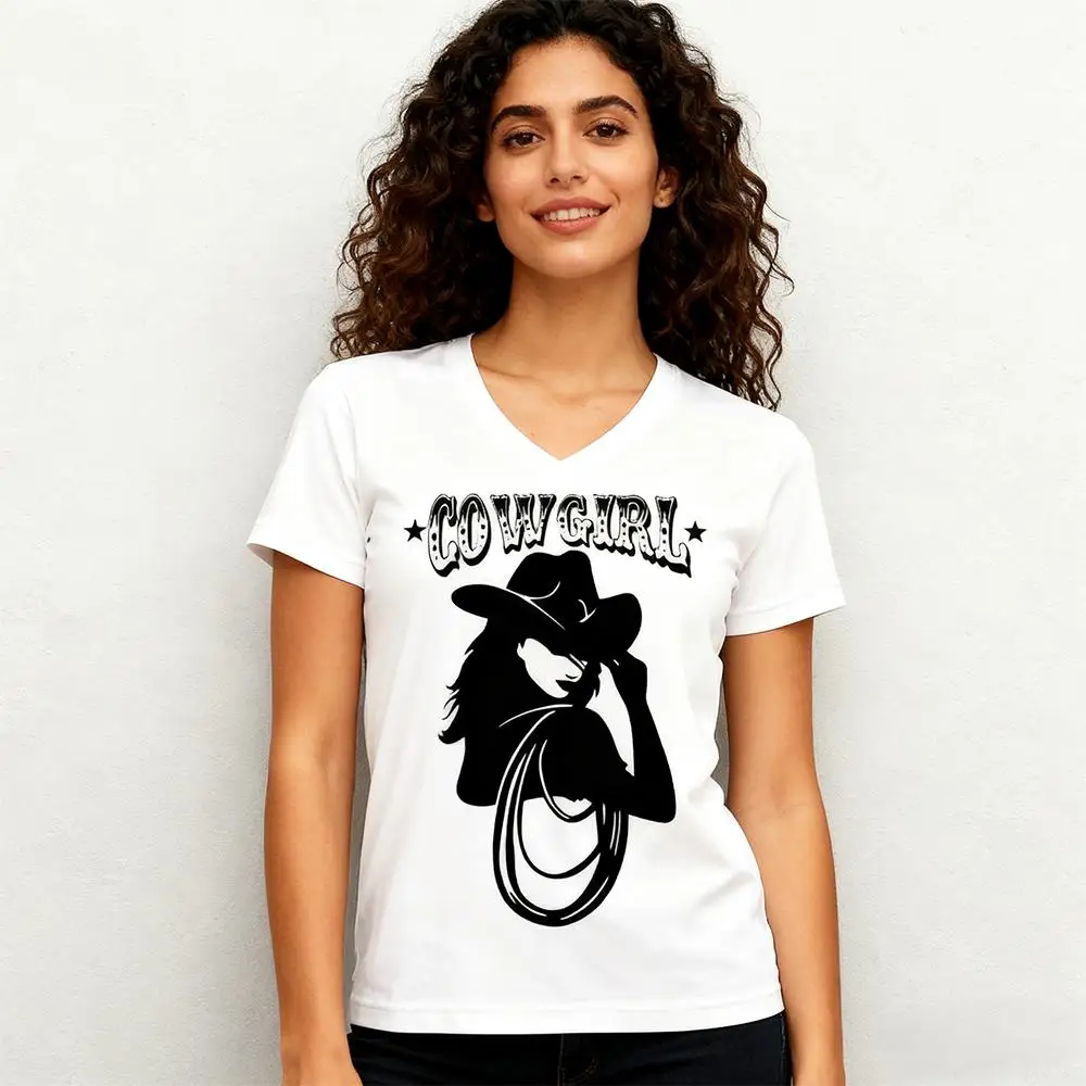 

Western Country Adventure Style T-shirt Simple Western Cowboy Hat Lasso Print V-neck Tops Retro Fashion Slim Waist Short Sleeve