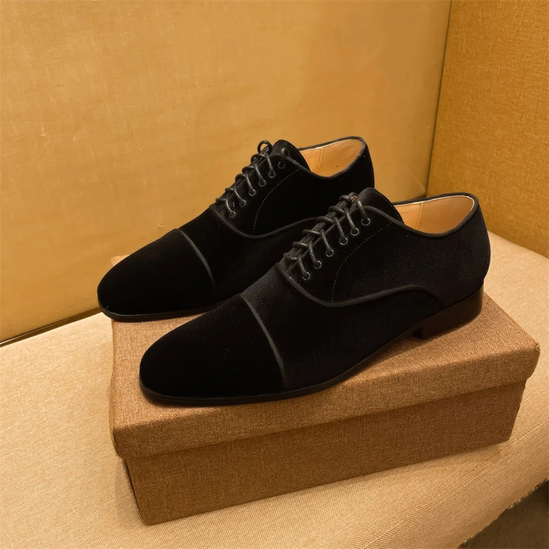 DYNJASONCGK Handmade Black Velvet Men Dress Shoes Red Bottom Lace-up Daily Life and Leisure Men Shoes