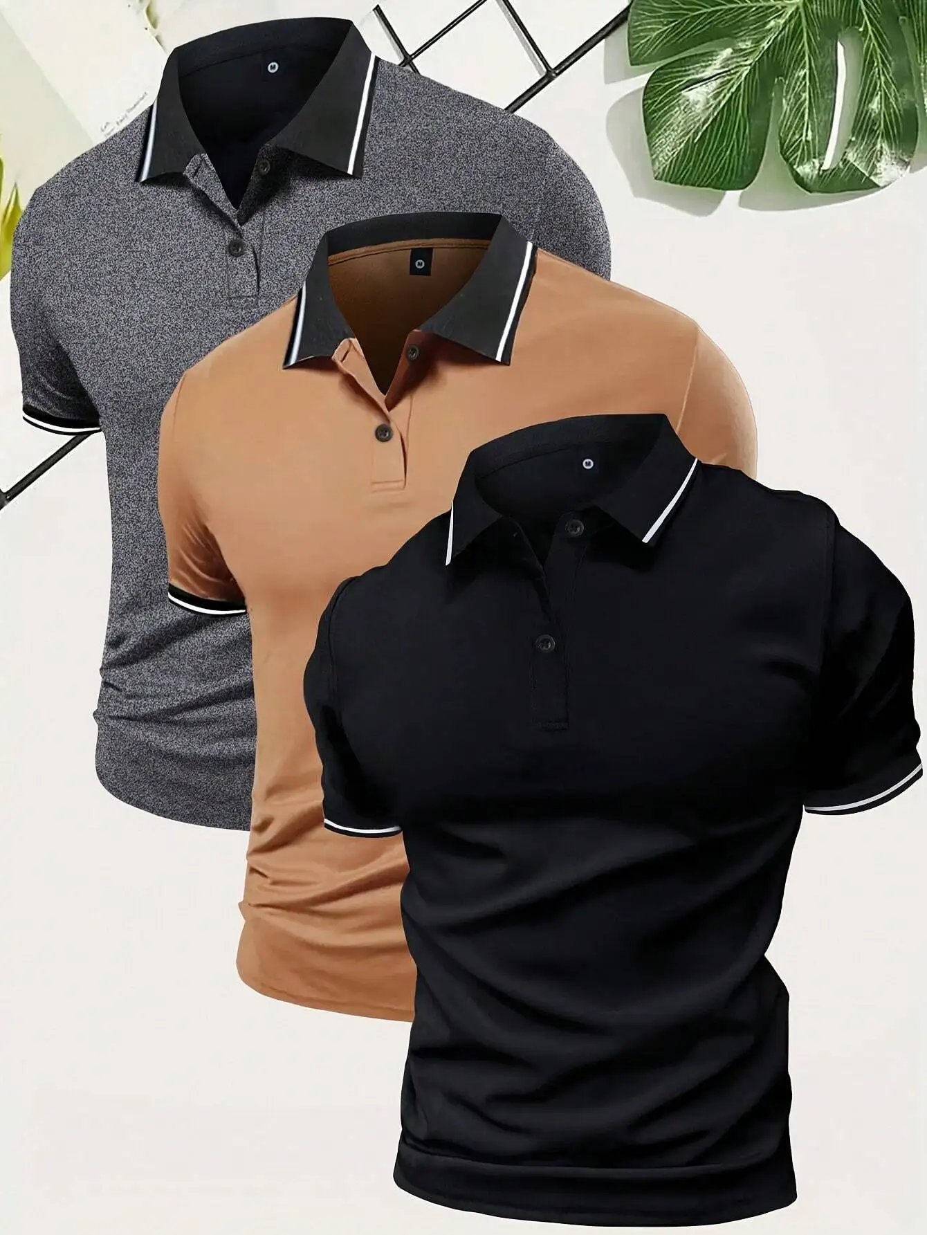 

3-Pack Men's Solid Color Polo Shirts - Black, Coffee, Grey, Regular Fit, Summer Casual