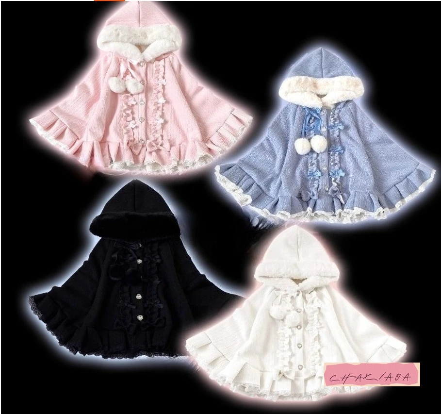 

Japanese Original Pom Pom Sweetheart Drill Mouth Hooded Velvet Bow Single Breasted Short Coat Lol Cape Shawl Women Winter Wear