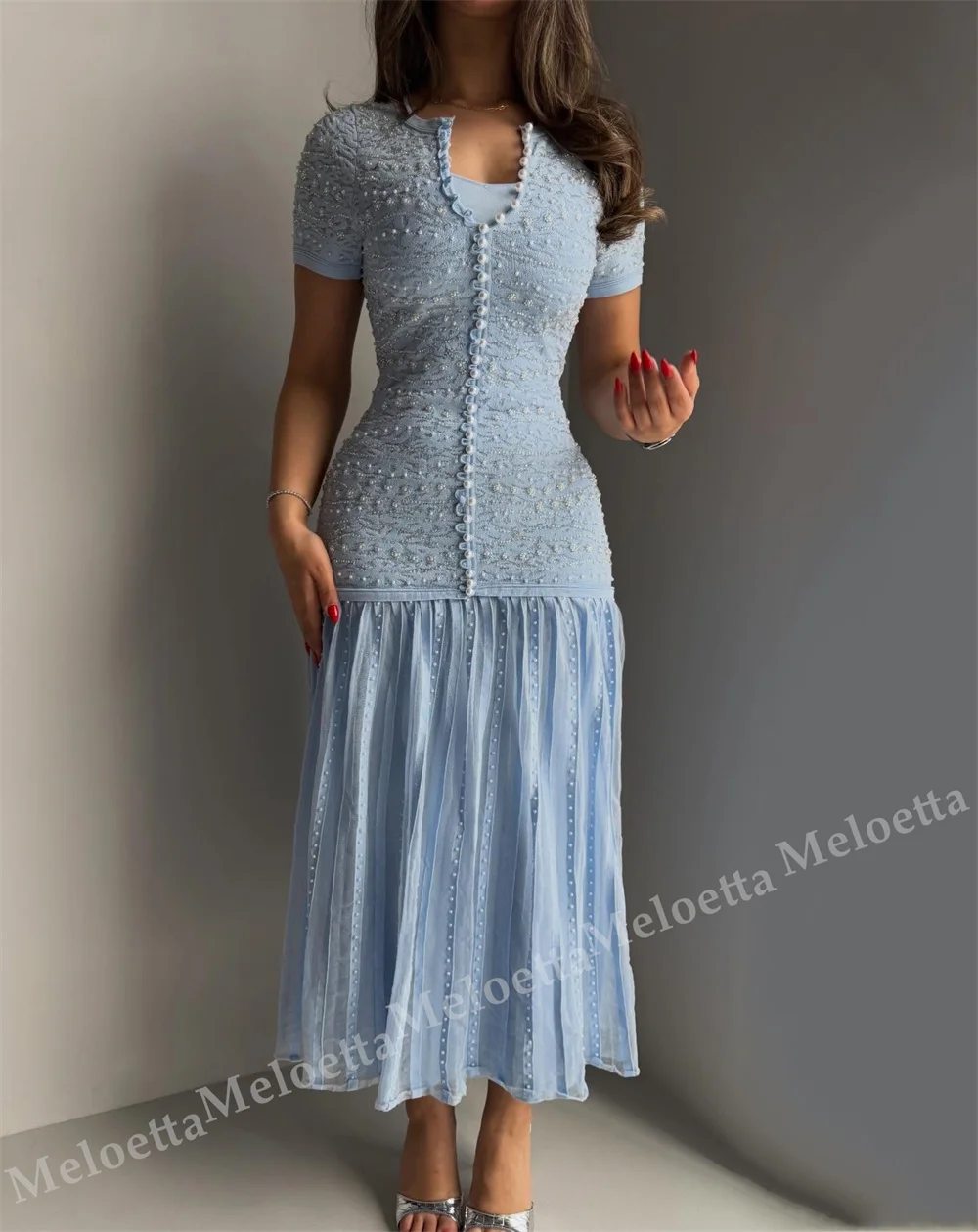 Customized Modern Style Glitter Wedding Guest Dress Party Gown Button Trumpet Pleat Midi Dresses Elegant