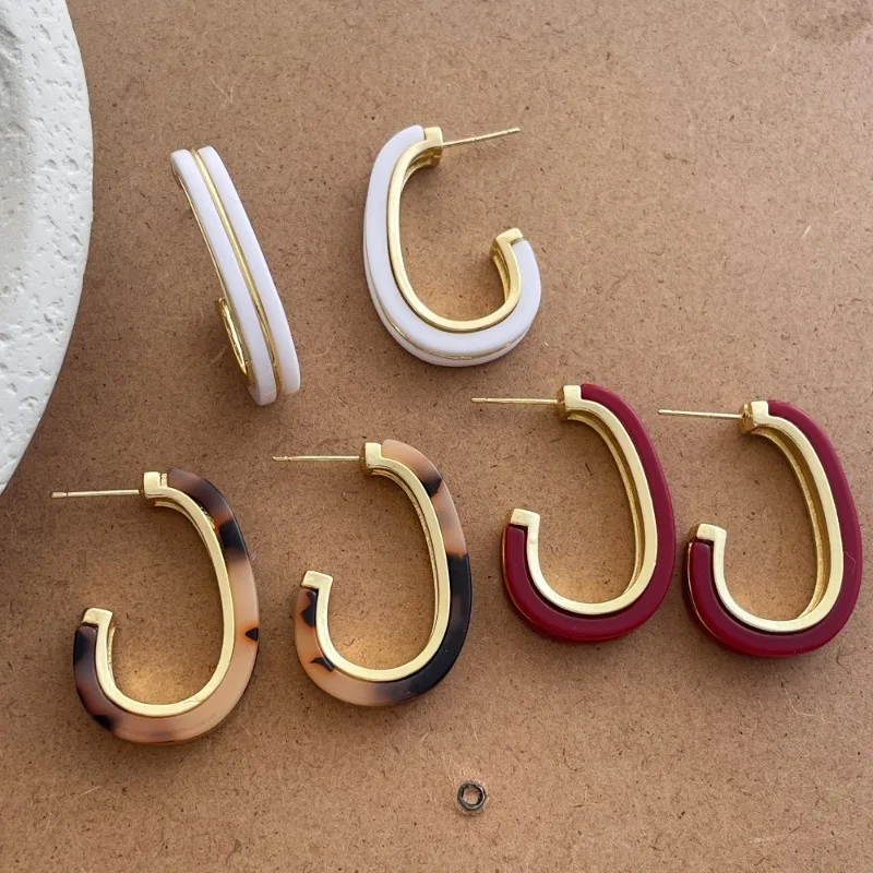 

Minar Retro Leopard White Burgundy Coffee Black Resin Geometric C Shape Hoop Earrings for Women Real Gold Plated Copper Jewelry