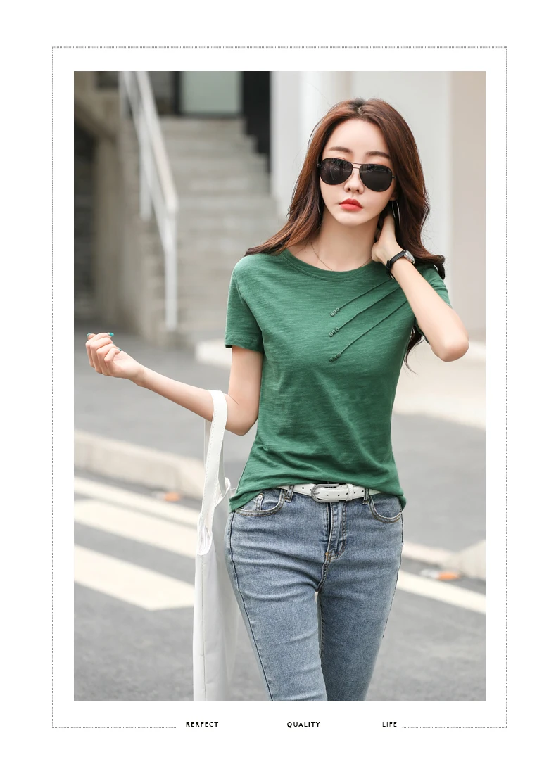 AOSSVIAO 2026 Summer Solid Color Women's T-Shirts Slub Cotton O-Neck Short Sleeve T-Shirt Loose Casual Simple Button Basic Top