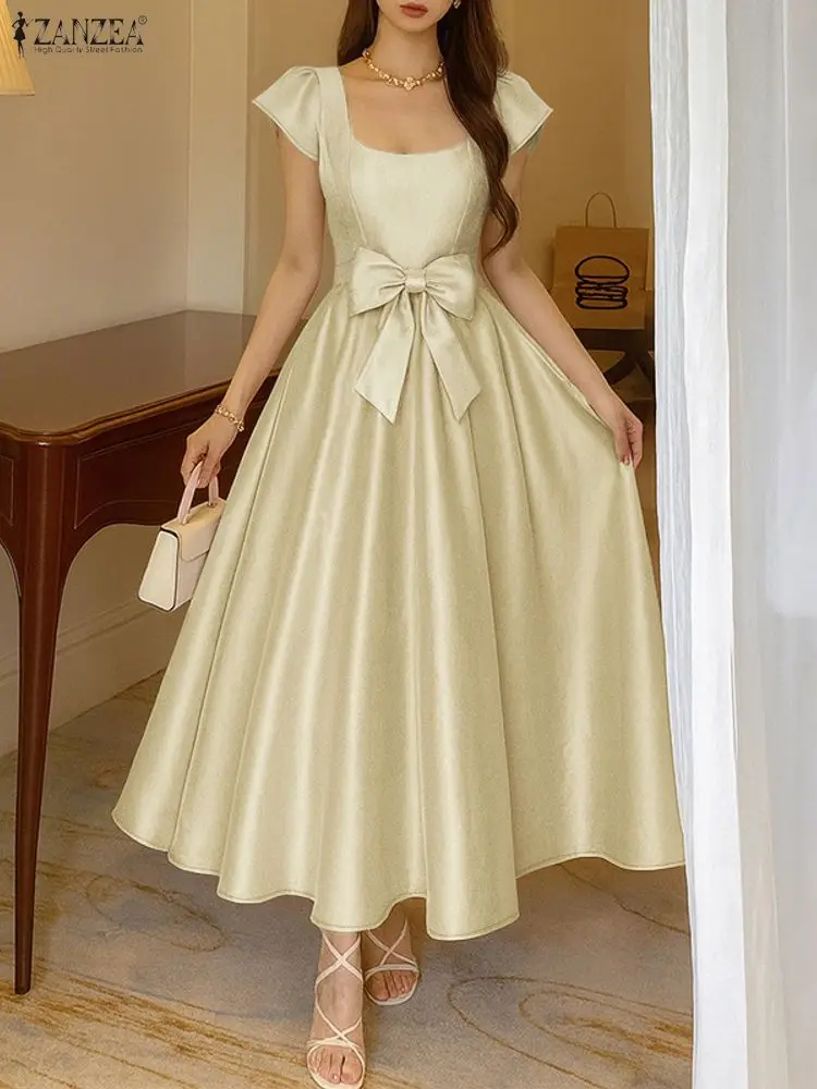 2025 ZANZEA Square Neck Waisted Maxi Dress Women Robe Stylish Party Dress Summer Solid Satin A Line Sundress Clubbing Vestidos