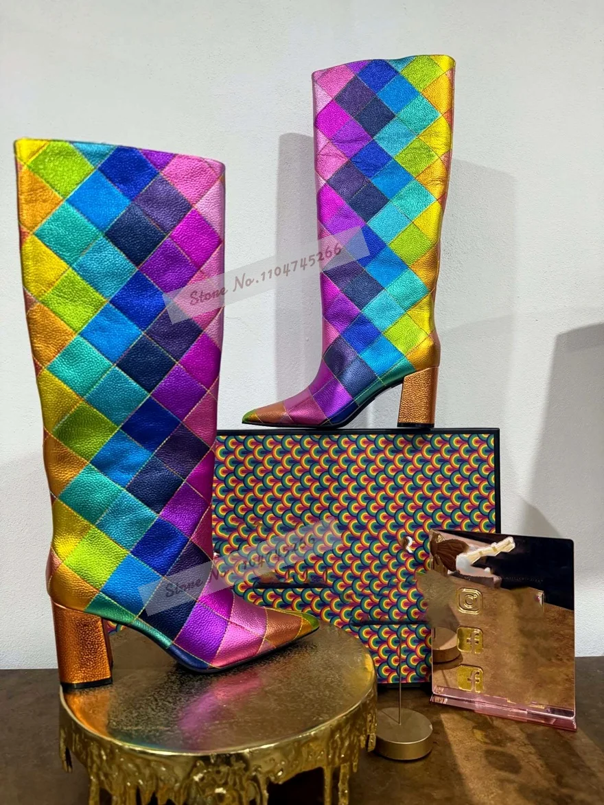 Rainbow Argyle Patchwork Knee High Boots Women Metallic Matte Pointed Toe Chunky Heel Boots Retro Colorized Banquet Shoes