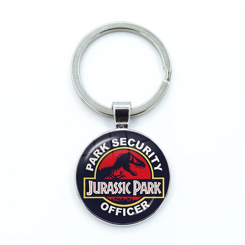 Jurassic Park Pattern Keychain Glass Dome Cabochon KeyRing Bag Car Key Chain Ring Holder Charms Jewelry Gifts