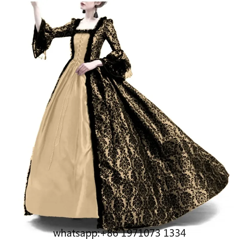 Medieval Lace Patchwork Bell Sleeve Dress Court Retro V Neck Full Length Ankle Dress Women's Fashion Lantern Sleeve Gown