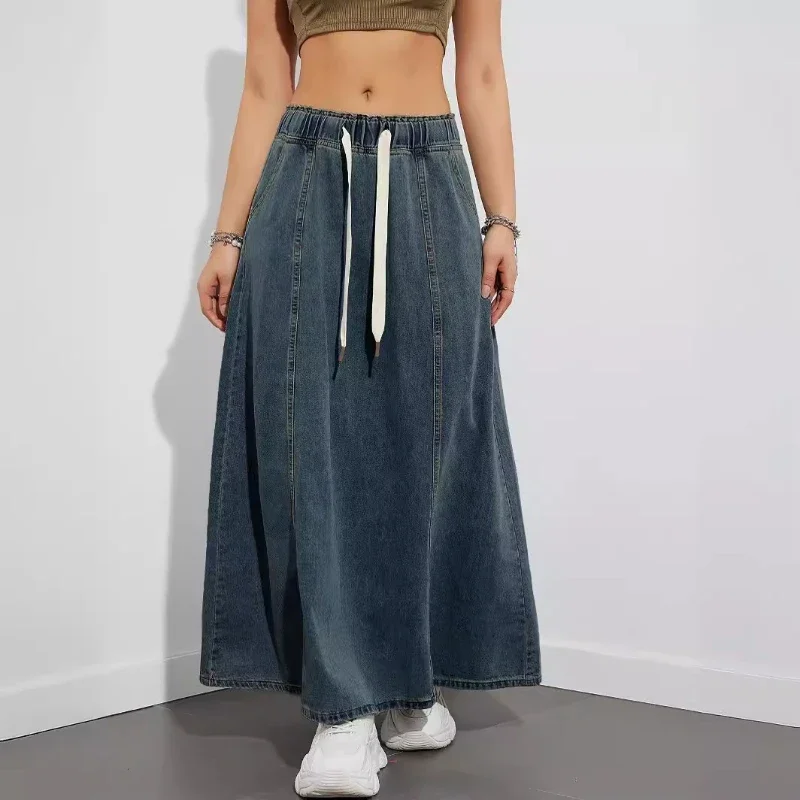 

Women Denim Skirts A Line Long Skirt High Elastic Waist Lace Up Casual Temperament Maxi Jeans Simple Elegant Splice Y2k Skirt