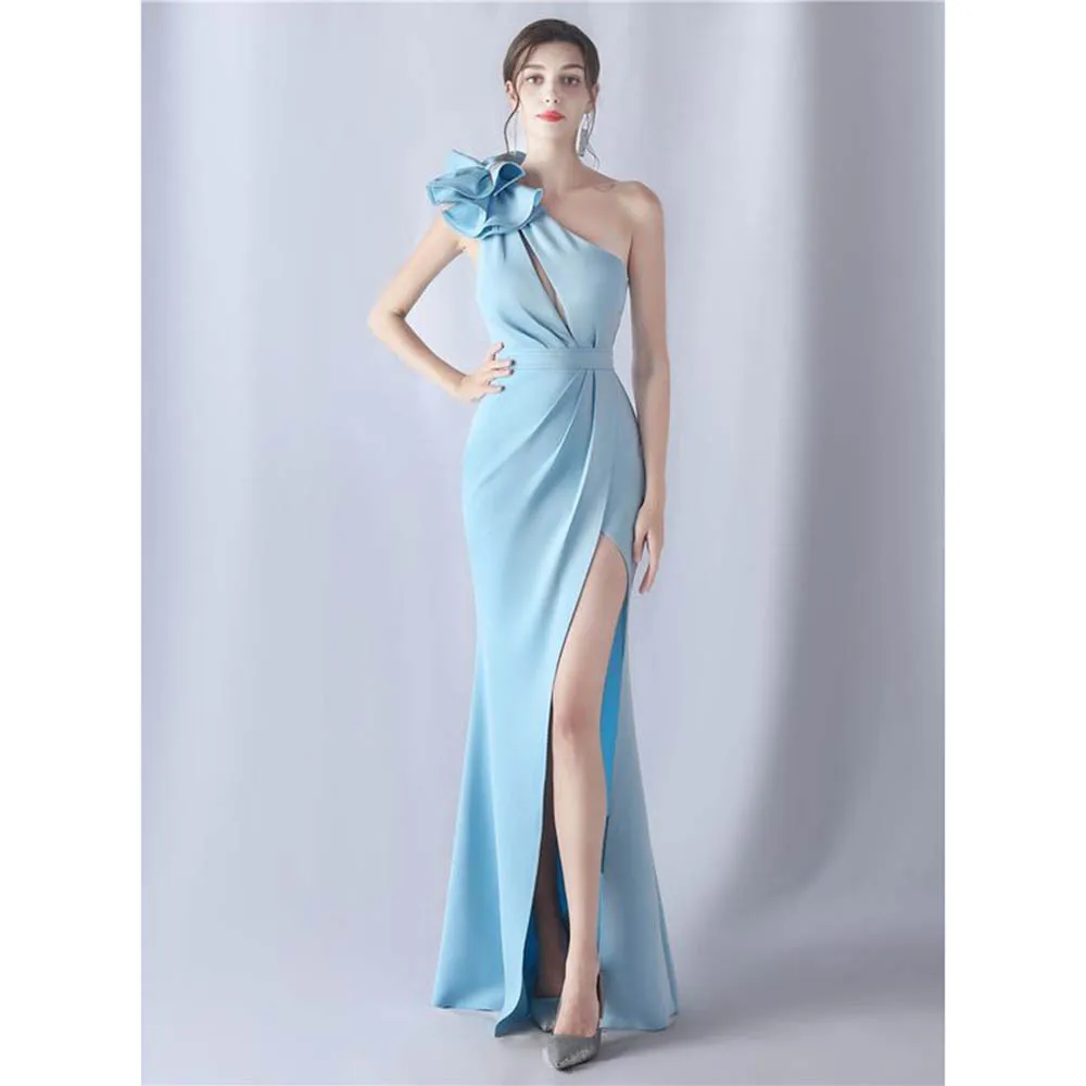 Pretty Elegant Blue Women Prom Dresses Strapless One Shoulder Sleeve Floor Length High Side Split Fancy Flower Party Gowns