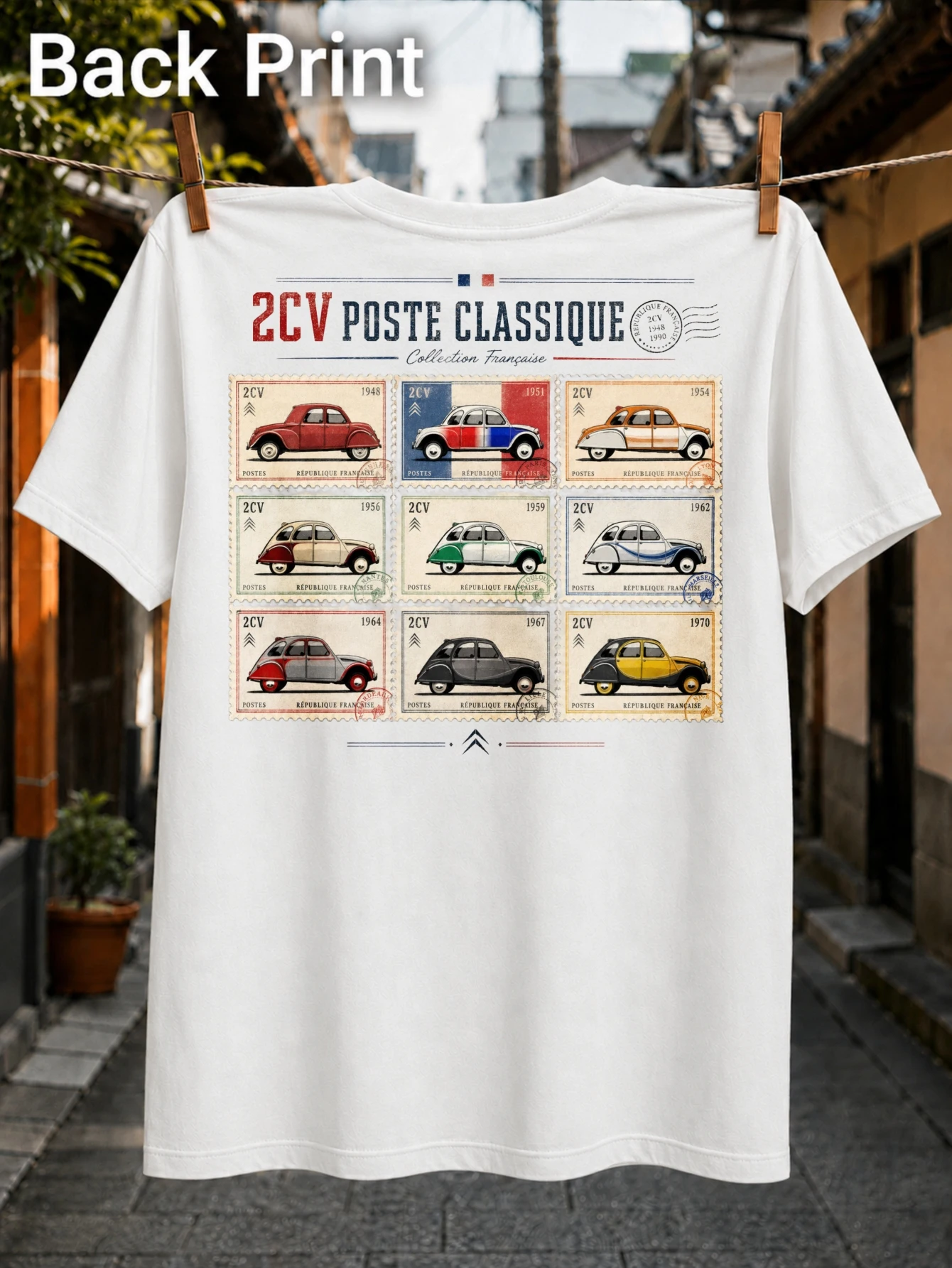 2CV Poste Classique with vintage postage stamp grid Citroen cars from 1948 to 1970 and French  Unisex All T-Shirt