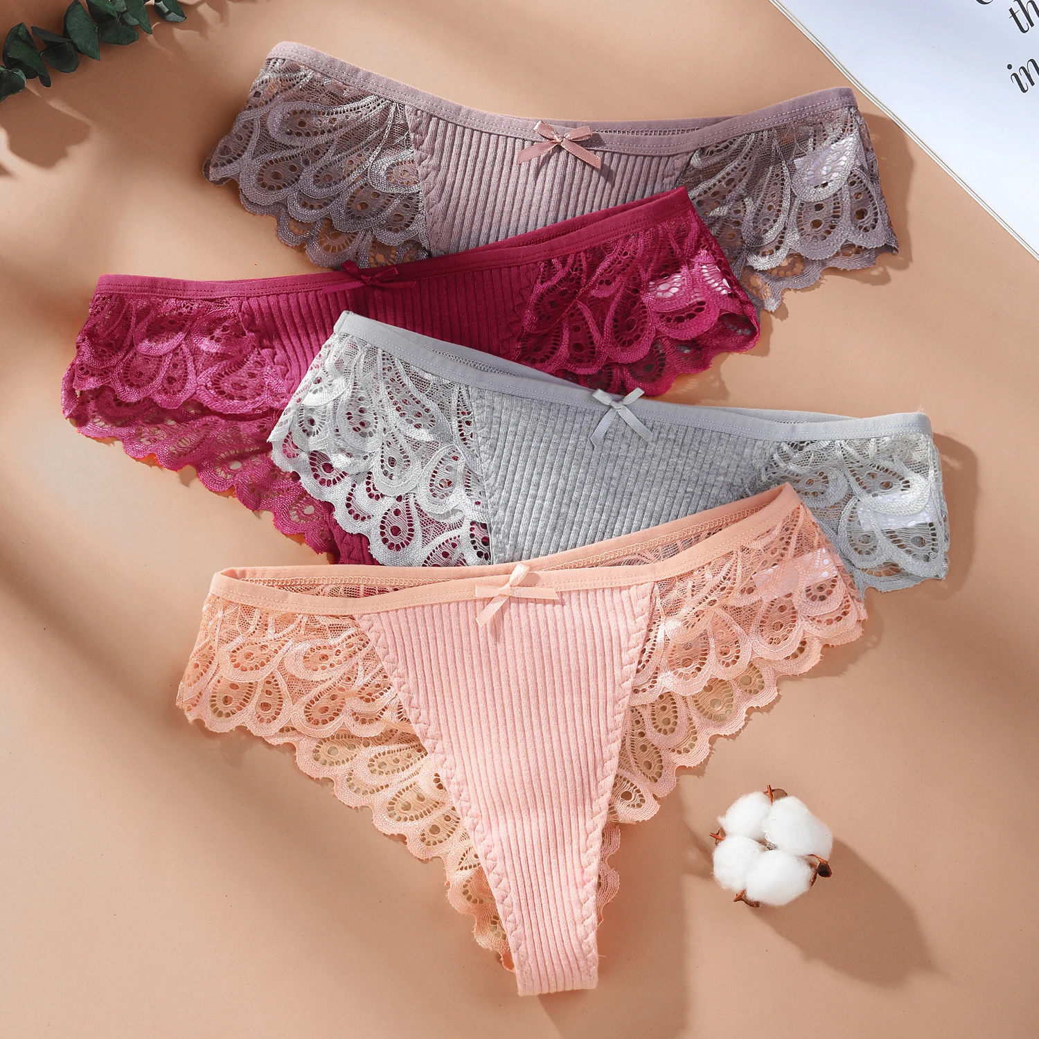 FNIO New Women Sexy Lace Panties Low-waist Underwear Thongs Female G String Breathable Lingerie Bow Intimates Briefs