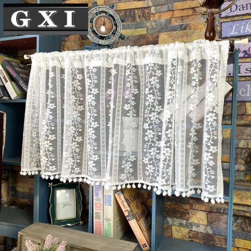 White Sheer Lace Curtain Valance for Cabinet Cafe Kitchen Delicate Floral Roman Short Half Bay Voile Home Decor Drapes