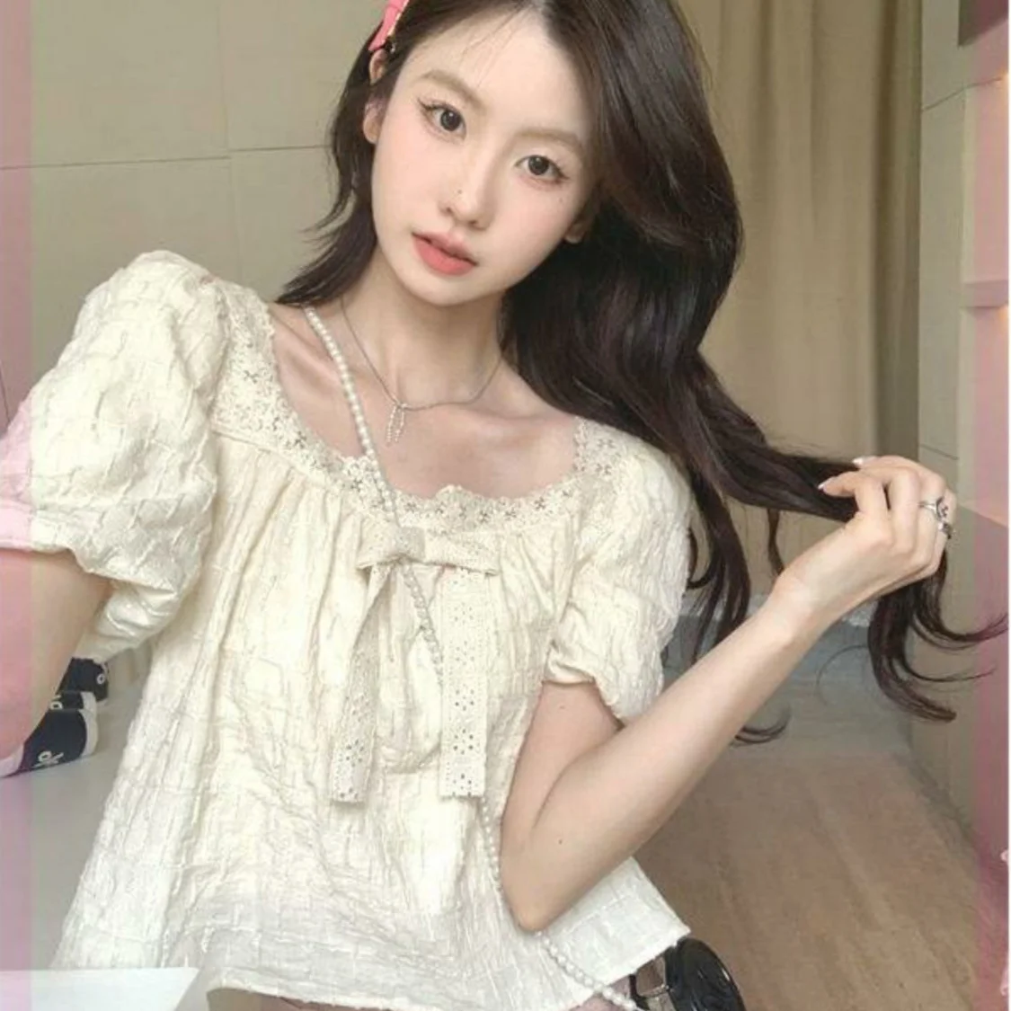 

Short Sleeve Shirts Womens Jacquard Layered Pintuck Slim Shirt School French Preppy Artistic Student Youthful Girlish College